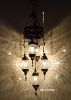 geleneksel Avize,El Yapımı Türk Lambası 5 şefaf kırık desen  Cam,Ev ışıkları,Dekor Lambalar,Türksih Avize 5 Küre I-S-C-5303