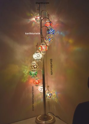 Türk el yapımı ayaklı lamba, Bakır Telkari Sanat 11 top ayaklı lamba, köşe lambası, Türk Lambader, mozaik ev lambası, dekoratif