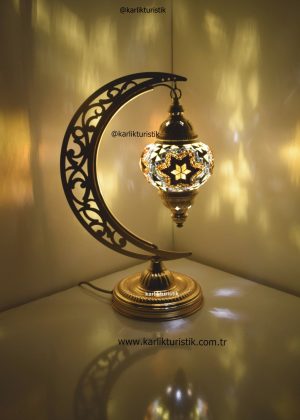 Mozaik Abajur Hilal Altın Kaplama Mozaik Lamba, Ramazan lambası,Ay Şekli Türk  Mozaik Masa Üstü Lamba