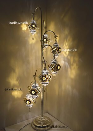 Türk Osmanlı Mozaik Lambader Ayaklı 7 camlı, Selçuklu Tarzı Lambader Gümüş Kaplama Özel Seri Bakır Telkari