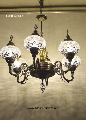 Geleneksel, türk ve osmanlı tavan aydınlatması lobi avizesi, Oturma Odası Sarkıt Lambası, Otel Avizesi, 6 Kollu şefaf çatlak cam lazerli lamba