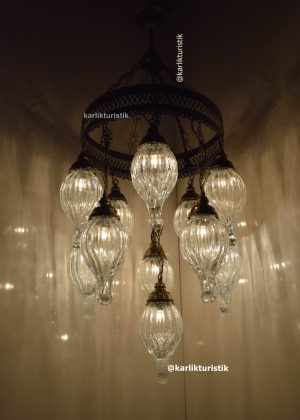 Restoran Avizesi, Üfleme Cam Lamba Avizeleri, Türk Lambası SARKIT 10+1 Camlı AVİZE OTANTİK