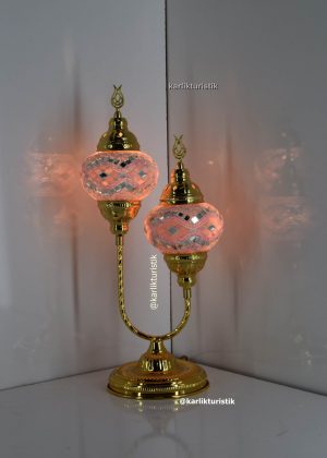 Hediyelik Eşya ,Mozaik Masa üstü Lamba ikili U abajur  altın kaplama