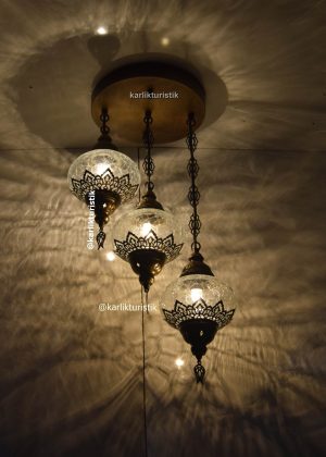simetrik avize modelleri 3 lü tavana gömme oda aydınlatma sarkıt lamba decoratif osmanlı şeffaf çatlak camlı lazerli
