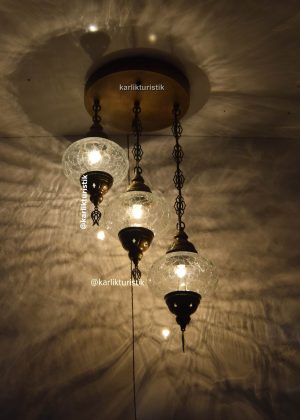 simetrik avize modelleri 3 lü tavana gömme oda aydınlatma sarkıt lamba decoratif osmanlı şeffaf çatlak camlı