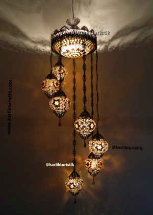 Mozaik Telkari 7’li Helezon Set -ortası mozaik camlı yuvarlak dönerli bakır avize