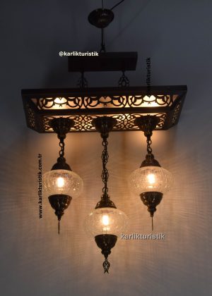 Modern Klasik Osmanlı Tarzı 3’lü Şeffaf çatlak Sarkıt Avize – El Yapımı Türk Lambası Seti, Dekoratif Mutfak & Restoran Avizesi