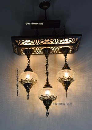 Modern Klasik Osmanlı Tarzı 3’lü Şeffaf çatlak Lazerli Sarkıt Avize – El Yapımı Türk Lambası Seti, Dekoratif Mutfak & Restoran Avizesi